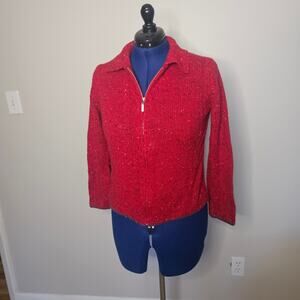 Vtg Liz Claiborne Crazy Horse Collection 90s Red Knit zip up cardigan sweater